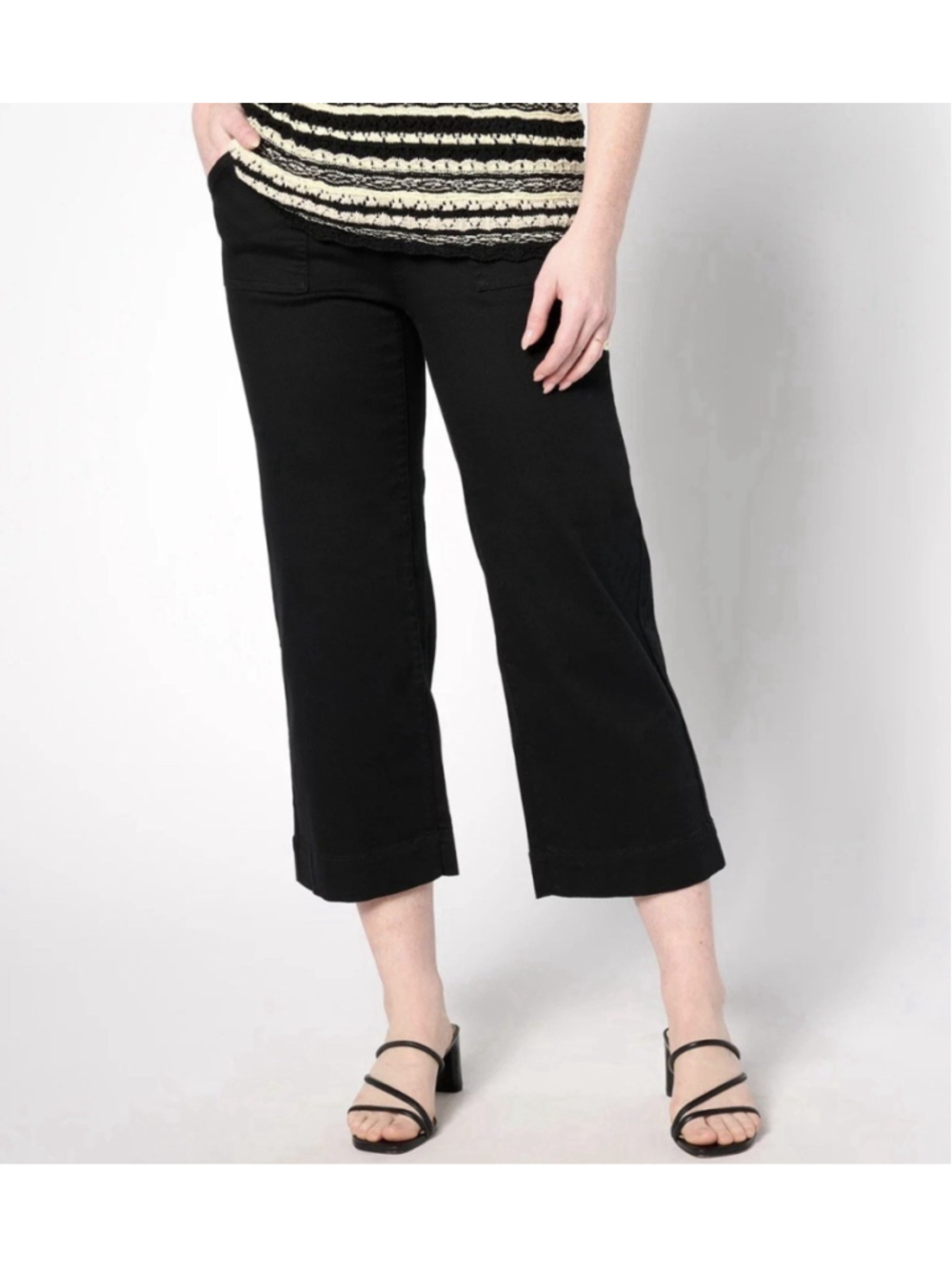 Belle by Kim Gravel TripleLuxe Twill Wide Leg Cropped Pants Black Sz 14 Boho